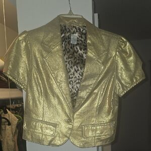 Genuine Leather Gold Short Sleeve Women's Jacket with functional Pockets